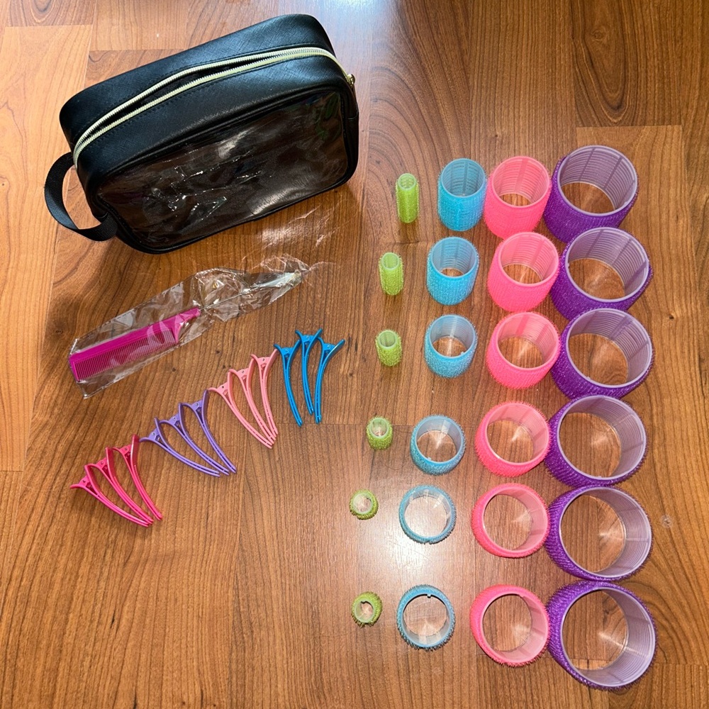 Colorful Hair Roller & Clip Set with Sealed Rat Tail Comb and Black Travel Case